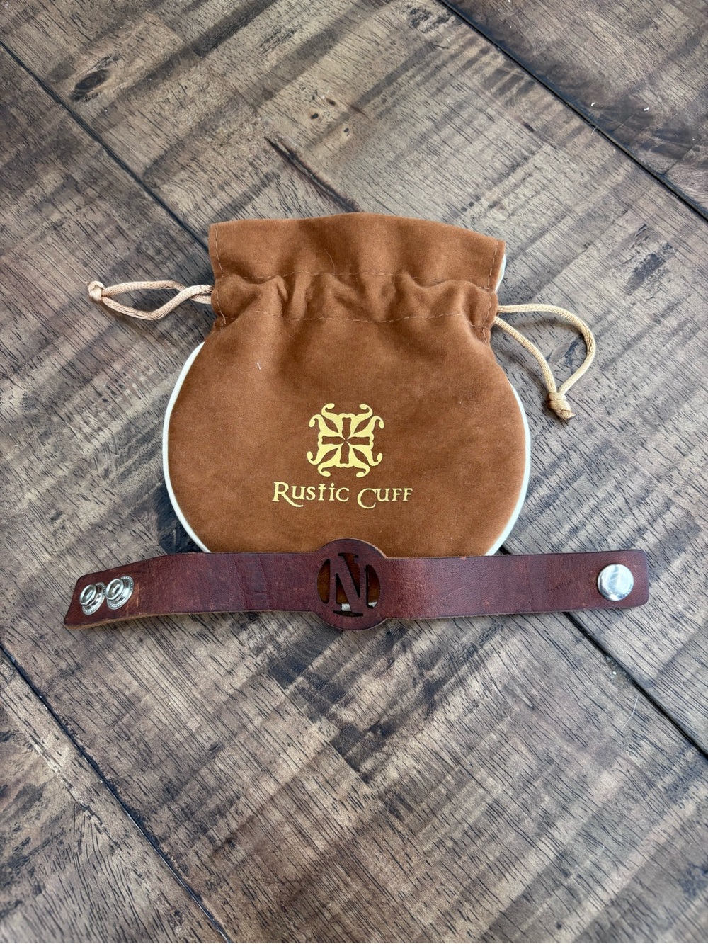 Rustic Cuff Retired Brown Leather Initial "N" Bracelet with Dust Bag